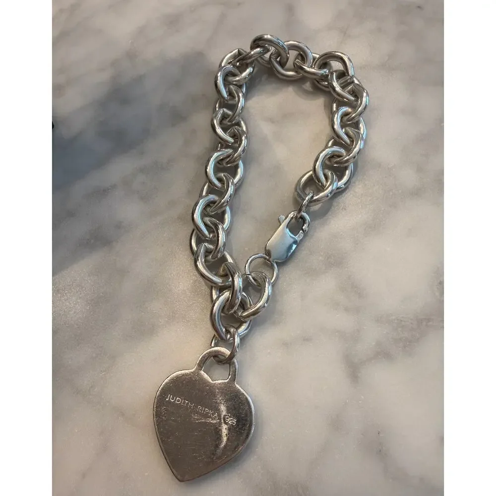 Heavy Judith Ripka 925 Sterling Silver Textured Heart Charm Link Bracelet 51g